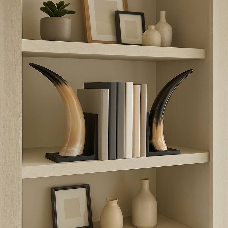 Decorative Resin Horn Bookends for Home Decor - Set of 2, 14", Black - 14.0"