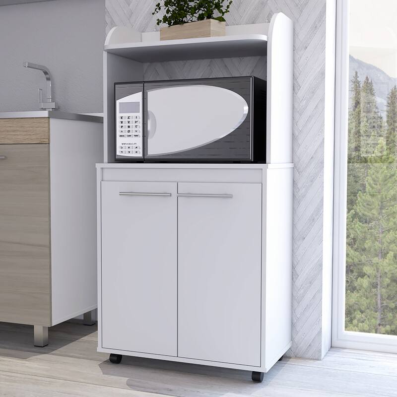 White 1-Shelf 2-Door Kitchen Pantry with Countertop & Caster Wheels, Microwave Storage Solution - White