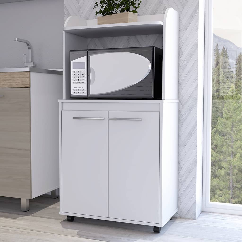 White 1-Shelf 2-Door Kitchen Pantry with Countertop & Caster Wheels, Microwave Storage Solution