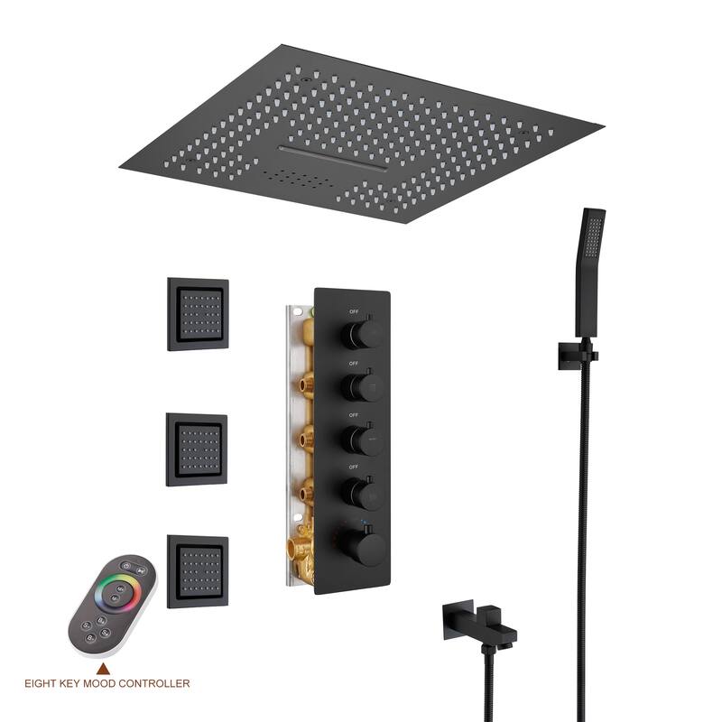 64 Colors LED Light and Music 4 Functions 5 Sprays Ceiling Mounted Thermostatic Shower System - Matte Black