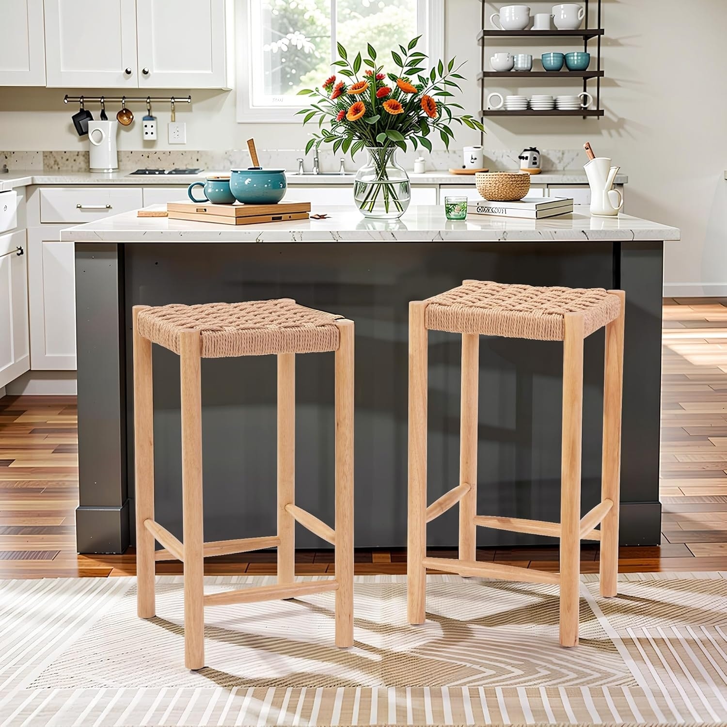2-Pack Industrial Bar Stools, Kraft Paper Cord Seats With Rubberwood Legs & Adjustable Feet, High Capacity