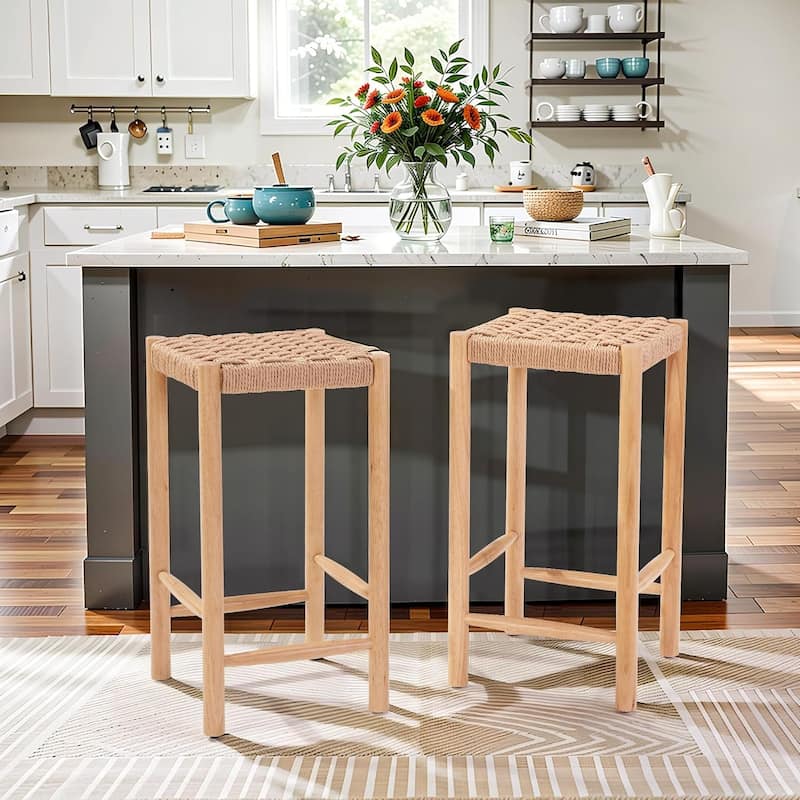 2-Pack Industrial Bar Stools 26.4" Height - Kraft Paper Cord Seats, Rubberwood Legs & Adjustable Feet