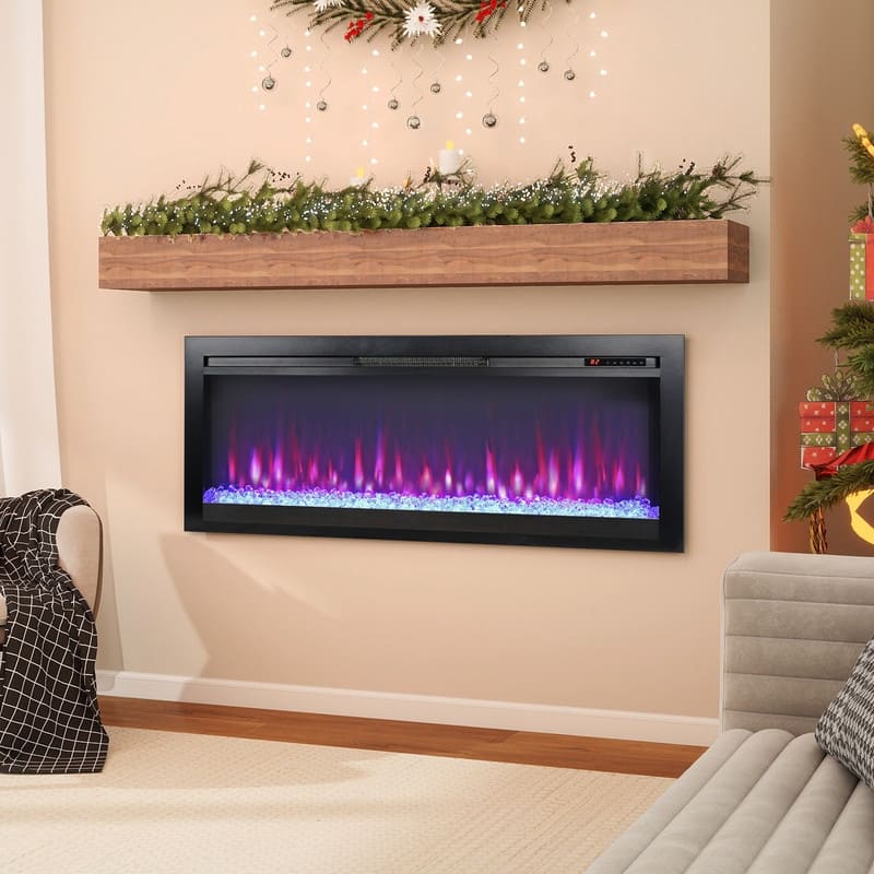 44 in. Wall Mount Recess Tempered Glass Electric Fireplace with remote multi color,LED light heater in Black