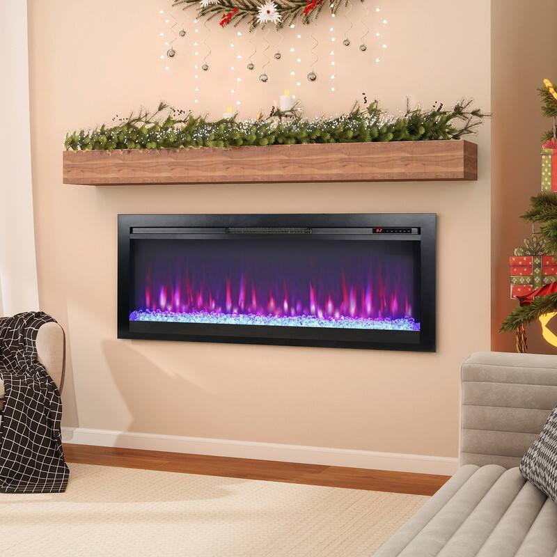 44 in. Wall Mount Recess Tempered Glass Electric Fireplace with remote multi color,LED light heater in Black - Black