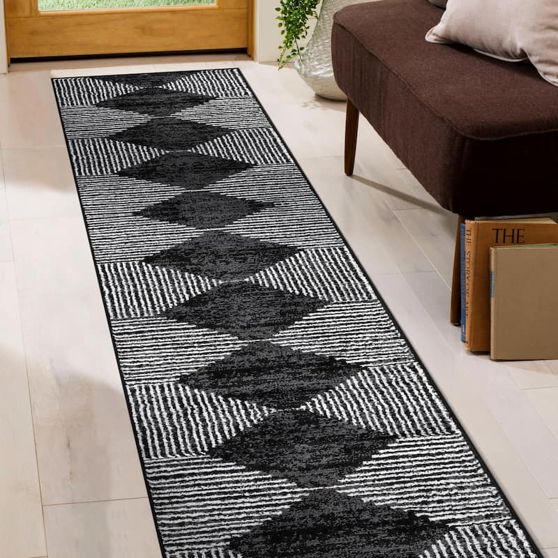Beige Brown Geometric Stripe Stylish and Durable Area Rug - Black - 2' 3" x 8'