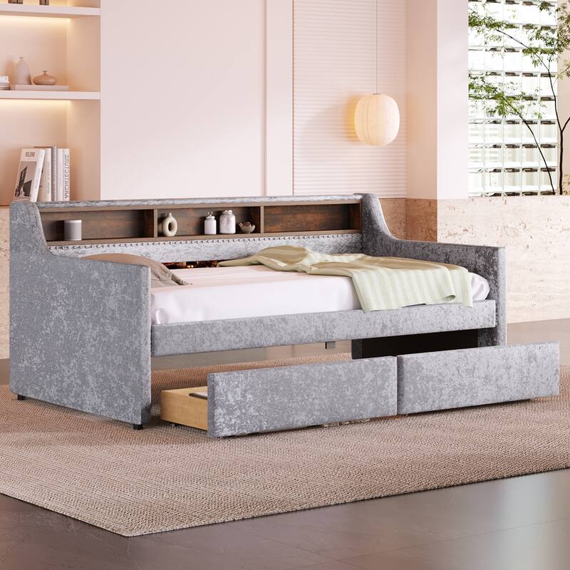 Velvet Daybed with Two Storage Drawers and Built-in Storage Shelves
