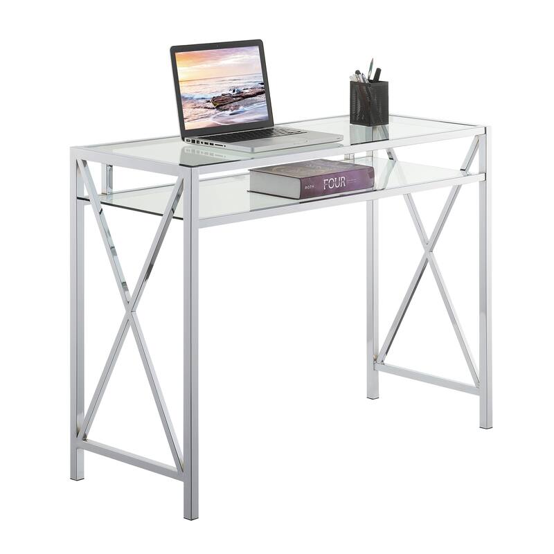42 Inch Desk with Glass Top - Modern Home Office Computer Writing Desk with Shelf