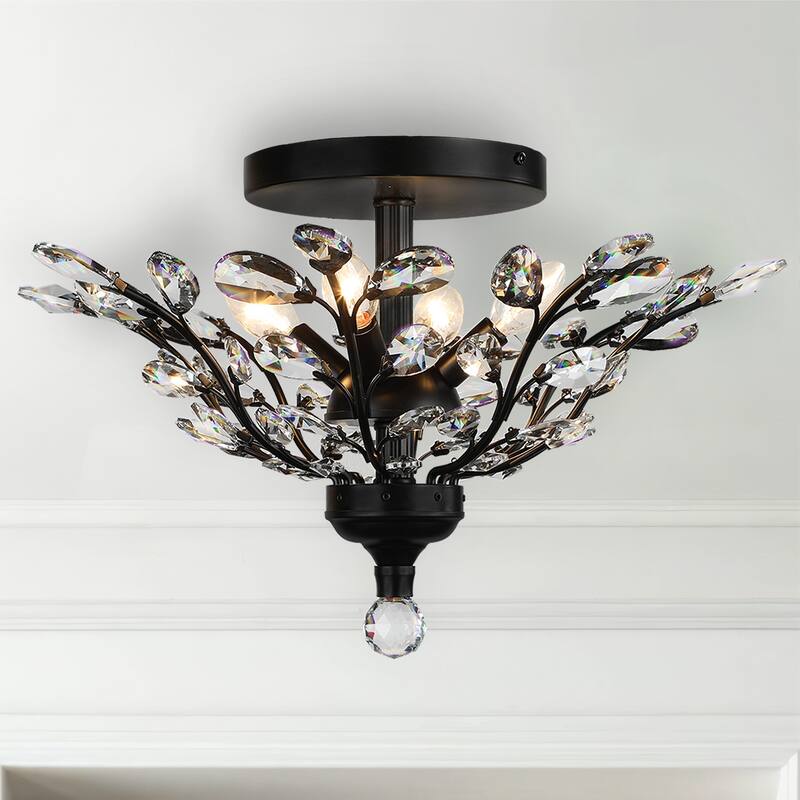 Matte Black Clear Crystal 20" Tree Branch Flush Mount Ceiling 4 Lights - 20" Wide