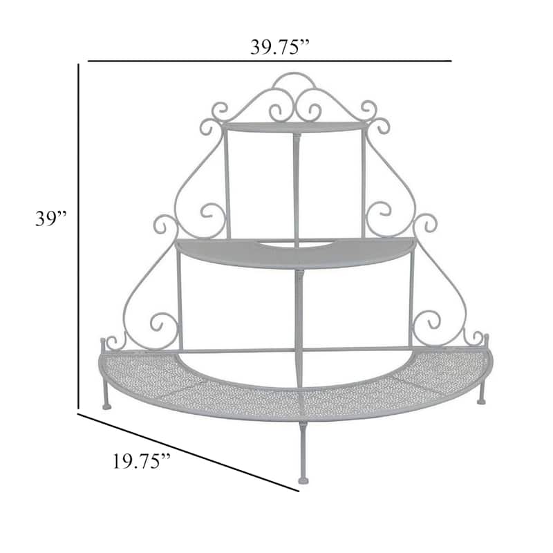 Lara Plant Stand with 3 Tier Half Round Shelves, White Metal 40 Inch