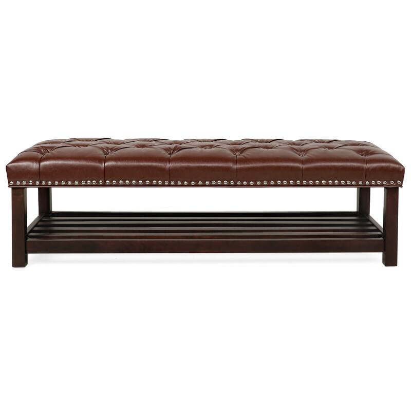 Comfortable Ottoman Bench Upholstered Seat with Solid Wood Frame, Entryway Footrest Seat with One Shelf at Bottom