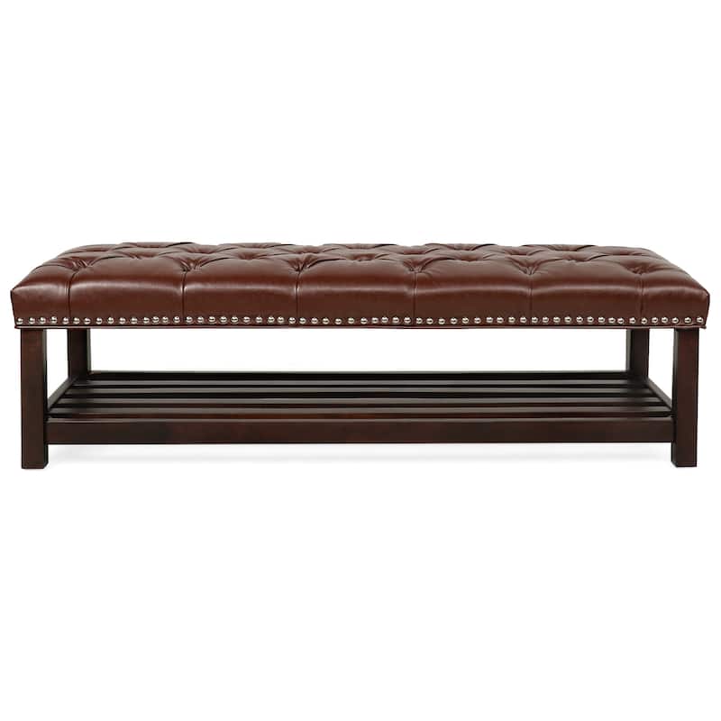 Wooden Base Upholstered Bench with Nails