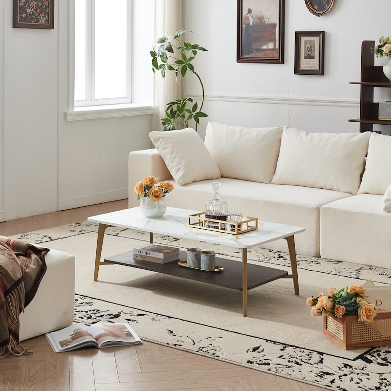 GDF Studio - Neron Modern Wood Coffee Table with Metal Frame - Golden and White