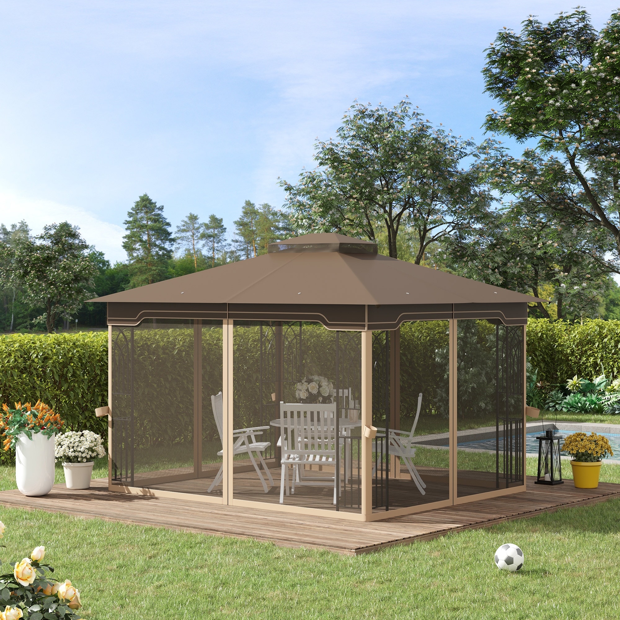 Outsunny  12 x 10 Patio Gazebo Outdoor Canopy Shelter with Double Tier Roof and Netting Sidewalls for Garden, Lawn, Backyard