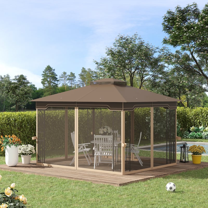 Outsunny 12' x 10' Outdoor Patio Gazebo Canopy with Double Tier Roof and Netting Sidewalls for Garden, Lawn, Backyard - Brown & Beige