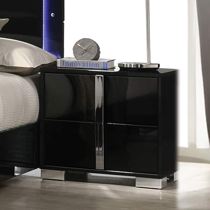 Bedroom Nightstand with 2 Drawers, Sofa Side Table with Vertical Handles, Decorative Table with Metal Chrome Legs - Black