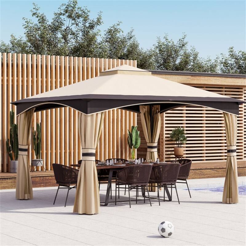 Beige Brown Black Outdoor Canopy Gazebo with Two Tier Ventilated Roof UV-Blocking Polyester Mesh Sidewalls for Patio Backyard