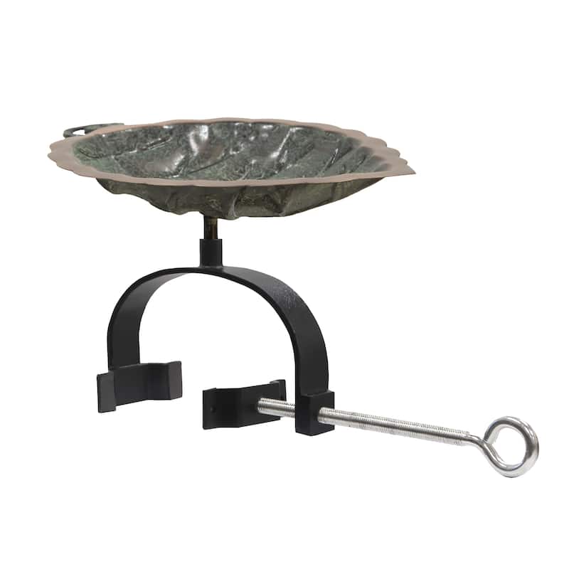 Achla Designs 15"L Round Antique Brass Plated Aspen Leaf Birdbath w/ Wrought Iron Over Rail Bracket - Brown