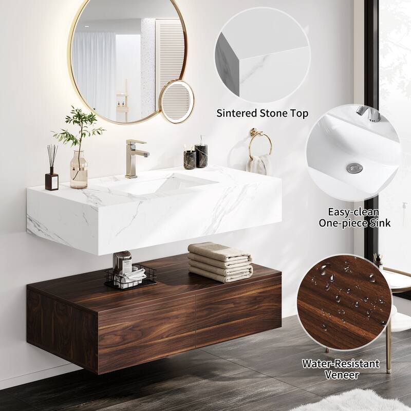 Moasis 39.4" Single Bathroom Vanity Set Wall Mounted Marble Top Cabinet with 2 Drawers