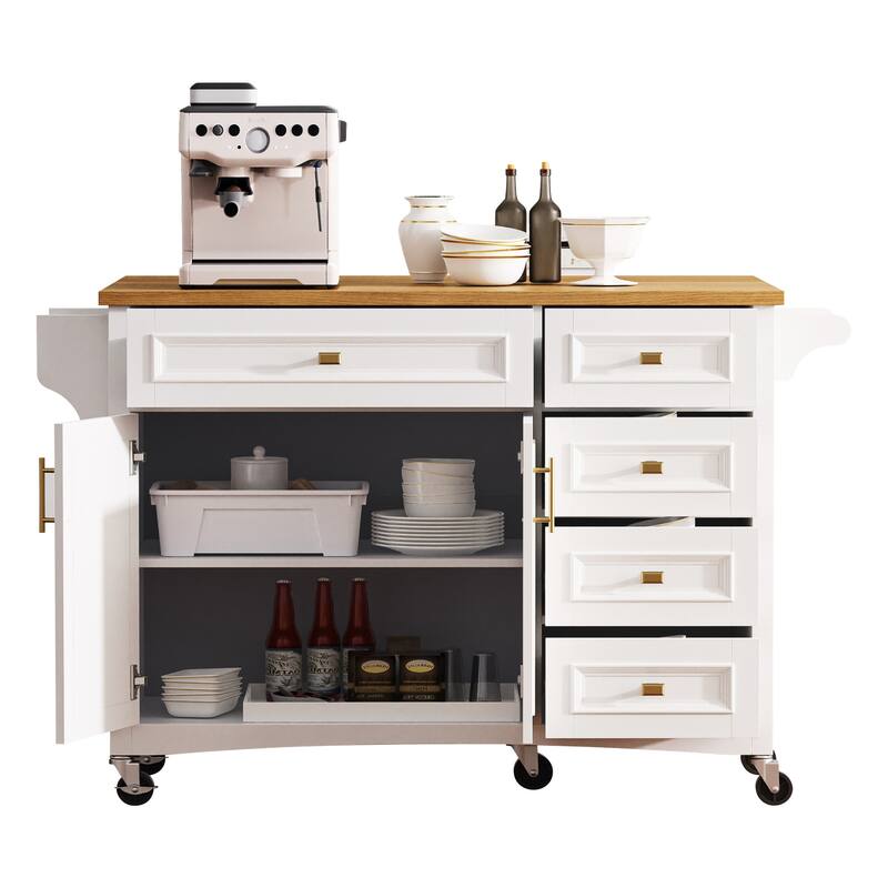 Kitchen Island with Drop Leaf, Adjustable Shelf, Spice Rack, Towel Rack, 2 Doors and 5 Drawers