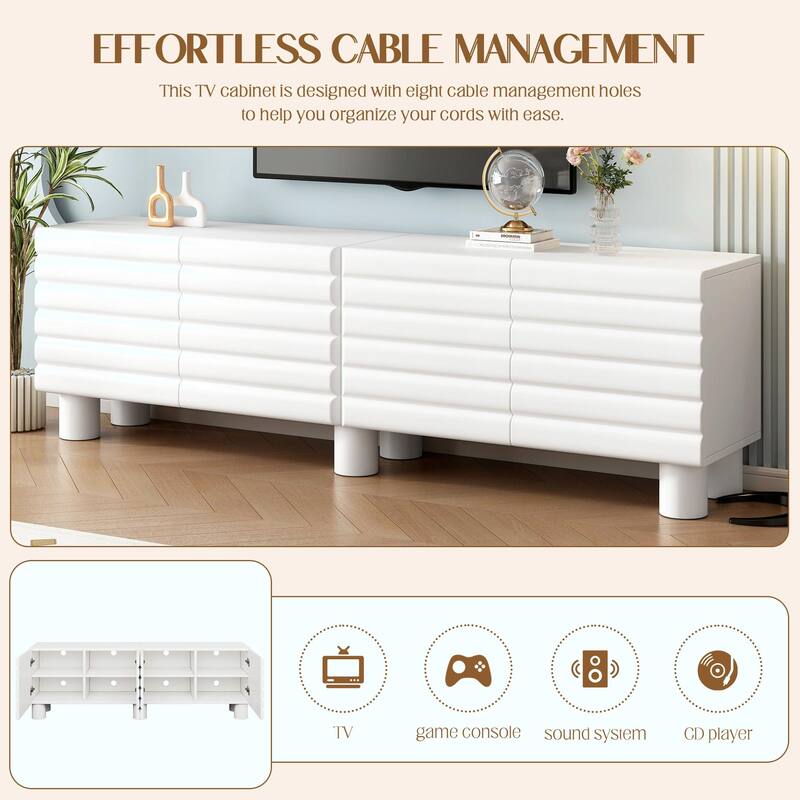 Stylish Thick Wavy Door TV Cabinet - Adjustable Shelves, TV Stand with 4 Cabinets for TVs Up to 75