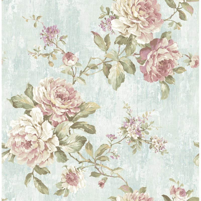Seabrook Designs Cloelia Blooming Roses Unpasted Wallpaper - 20.5 in. W x 33 ft. L - Metallic Sky & Bubblegum