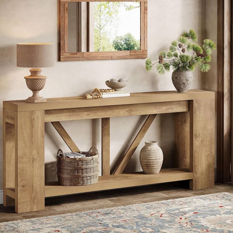 70.9” Brown MDF Entryway Table, 2-Tier Console Table for Living Room