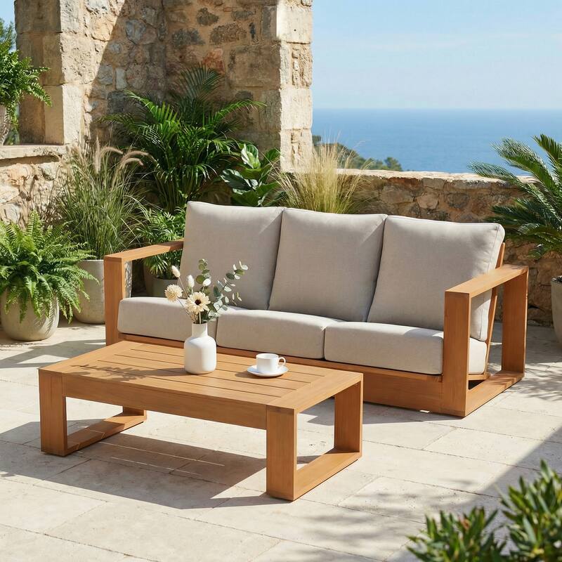 Outdoor Conversation Set 2-Piece Eucalyptus Wood 3-Seater Sofa Weather‑resistant Rope Weave with Coffee Table