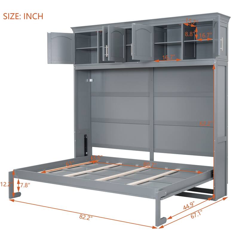 Grey Queen Size Wall Bed Storage Murphy Bed with Dual Piston Metal Folding Mechanism, Top Cabinets & Horizontal Flip Bed Frame