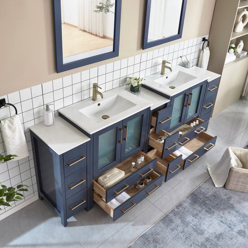 Vanity Art 96" Double Sink Bathroom Vanity Set 13 Dove-Tailed Drawers 5 Cabinets 2 Shelves, Soft-Closing Doors with Free Mirror