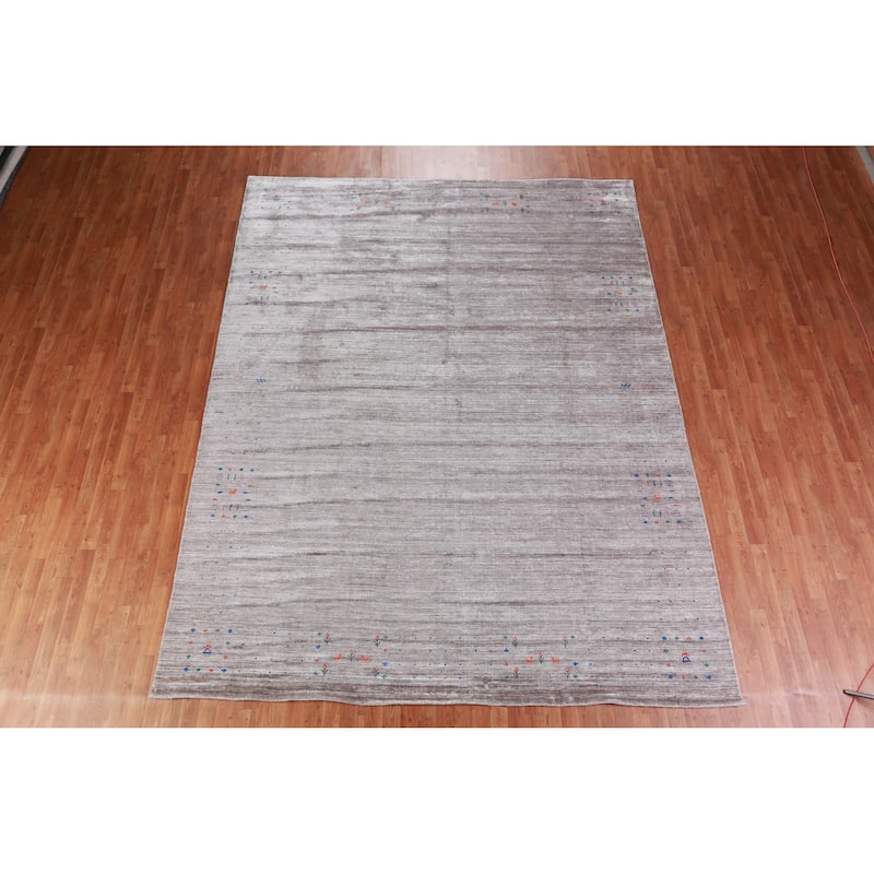 Hand Knotted Oriental Viscose Silk Carpet Tribal Stripe Greys & Charcoal Gabbeh Area Rug - 12' 0'' X 9' 2''