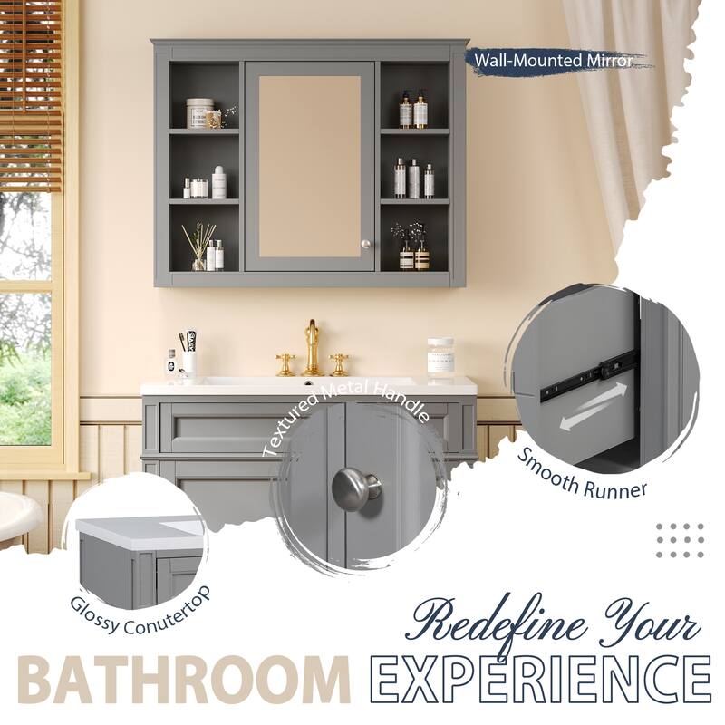 Freestanding Bathroom Vanity & Wall Mounted Mirror Cabinet Set with Resin Sink, Open Shelves, Drawers and Adjustable Shelves