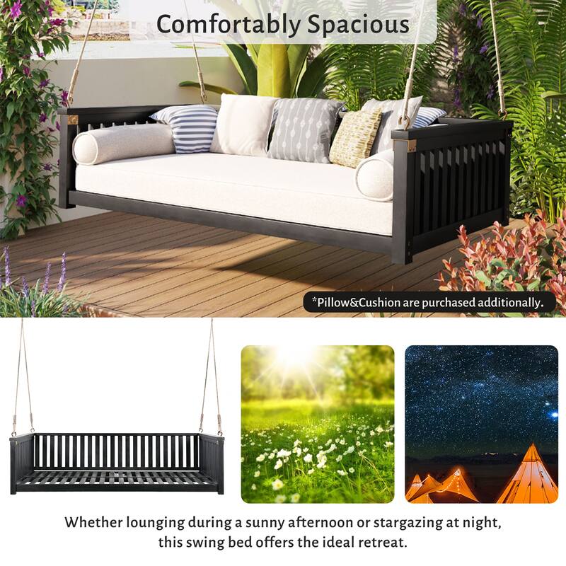 Patio Twin Size Garden Swing Bed Wood Porch Swing with Ropes - Black