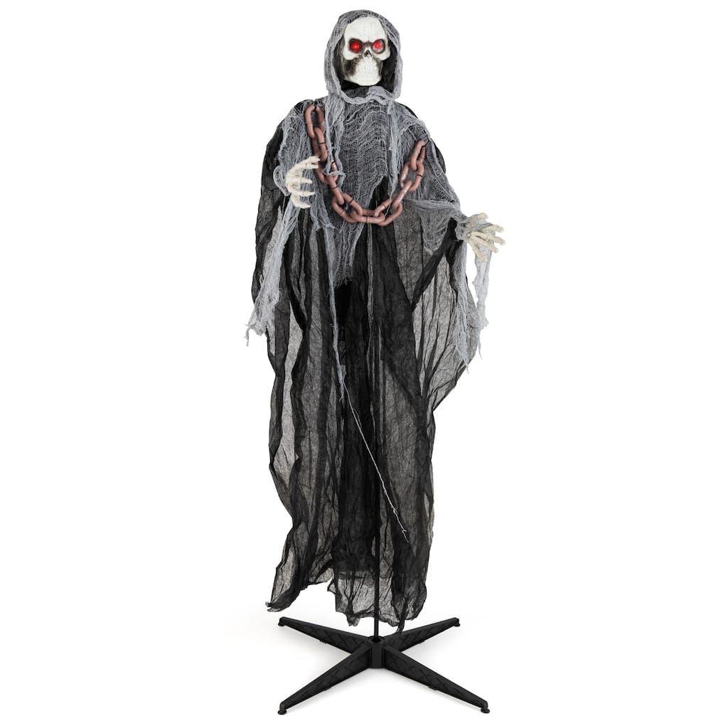 6.4 Ft Sound-Activated Halloween Grim Reaper with Glowing Eyes Terrifying Sounds and Movable Arms