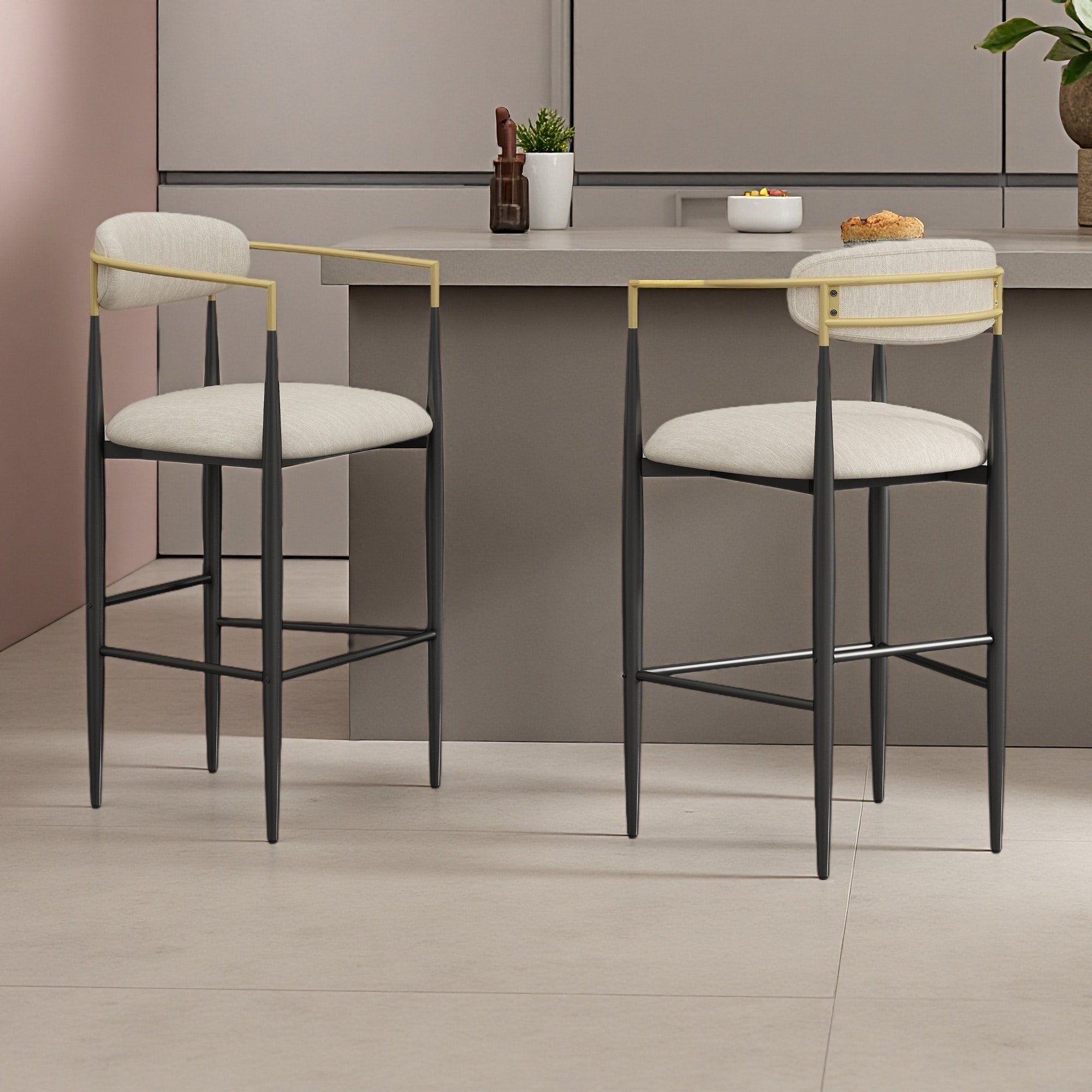 42"H Set of 2 Iron Frame Barstools with Fabric Seat