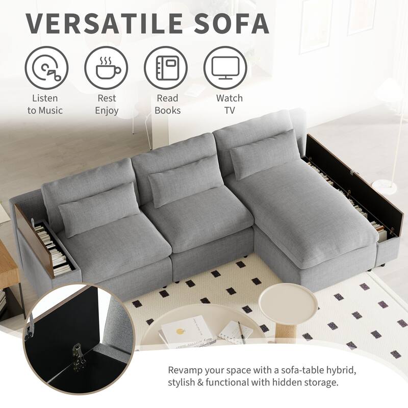 Grey 109.8'' L-Shaped 3-Seat Modular Sectional Sofa with Removable Cushions and 2 Storage Compartments for Living Areas