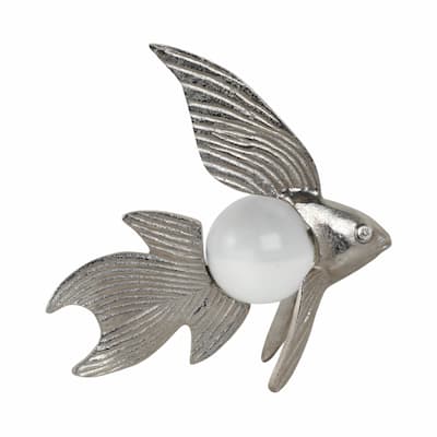 Metal Fish Figurine with Textured Fins and Glass Orb - 9" Silver - 9.5" x 3.5" x 9"