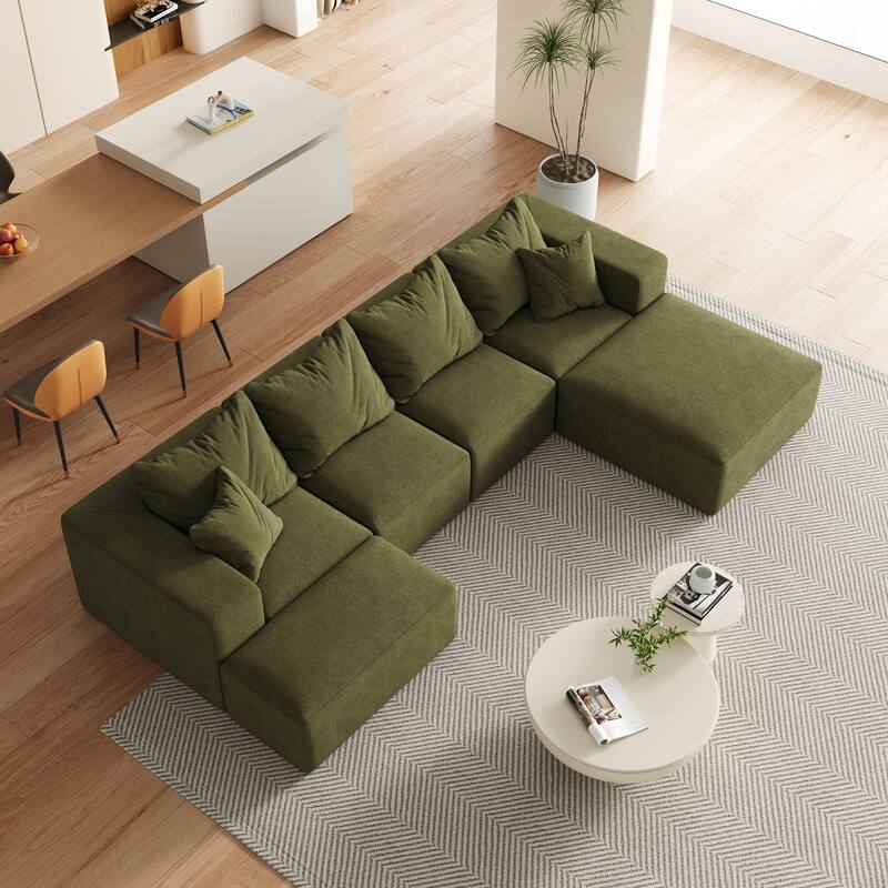 Upholstered Sectional Boneless Couch Set,Modular 132" L Shaped Sectional With 6 Pillows,Free Combination Sofa Couch - Green
