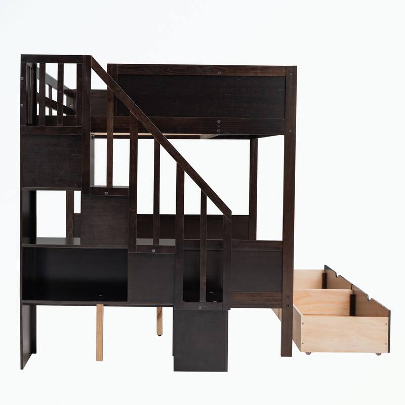 Twin over Full Bunk Bed with Shelfs, Storage Staircase and 2 Drawers