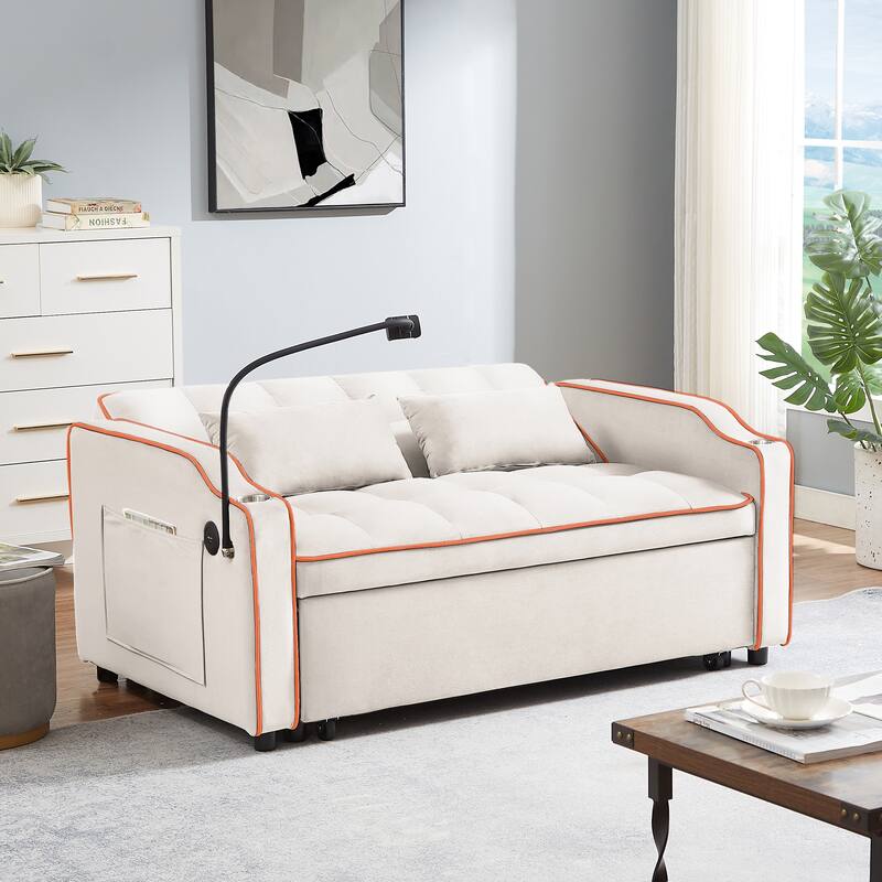foldable sofa bed in 3 lengths, modern sofa velvet pull-out bed, adjustable back with USB port，ashtray and swivel phone stand