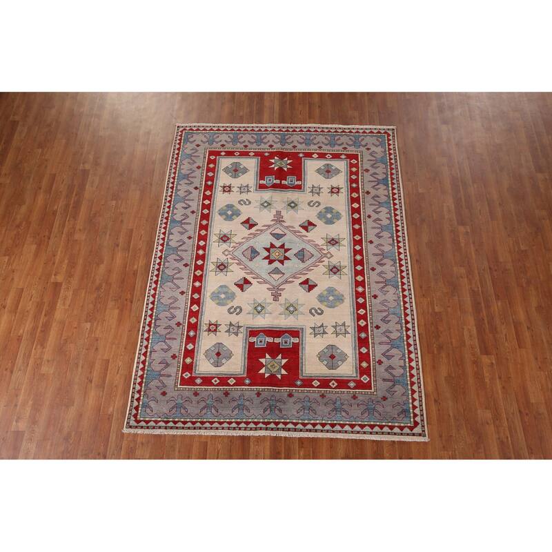 Geometric Kazak Rug Hand-Knotted Dining Room Wool Carpet - 6'0" x 8'2"