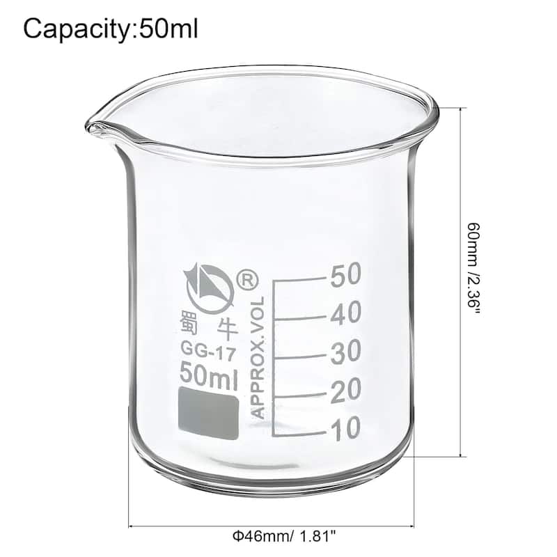 50ml Low Form Glass Beaker, 3.3 Borosilicate Lab Measuring Cups - Clear
