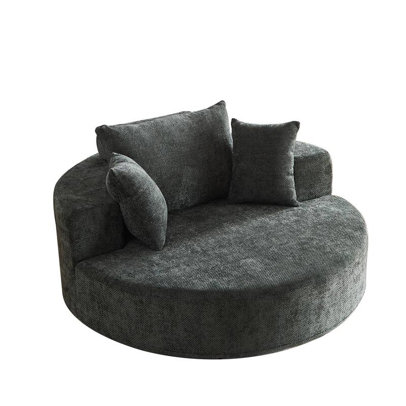 360° Swivel Sofa Chair Chenille Round Single Chaise Lounge with Cylindrical Neck Pillow and Integrated Backrest for Living Room