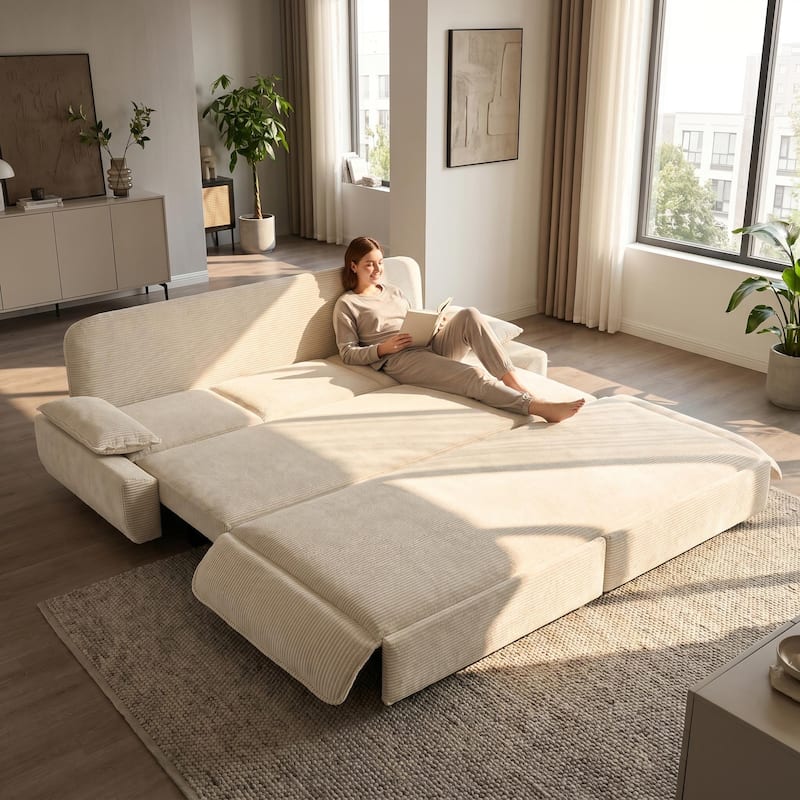 Homy Casa 73.2''/94.5" Queen/King Pull Out Sofa Bed, 3-in-1 Corduroy/Velvet Sleeper Couch - King Corduroy White