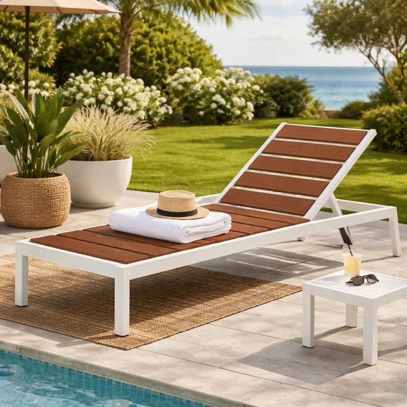 Josh 76 Inch Outdoor Chaise Lounger, White Aluminum Frame, Adjustable Back