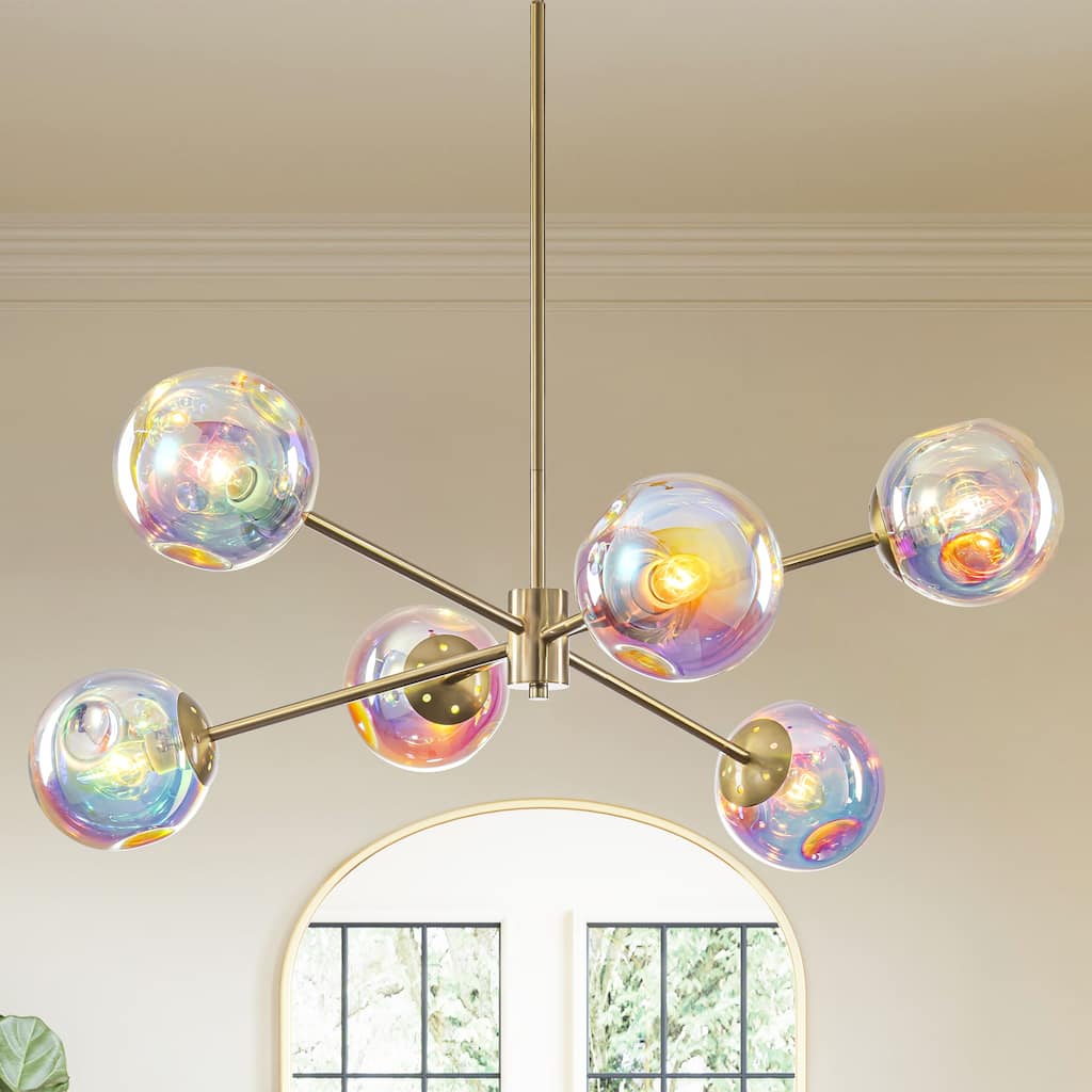 6-Light Modern Brass Iridescent Rainbow Glass Sputnik Chandelier for Dining Roomm - 6 Light