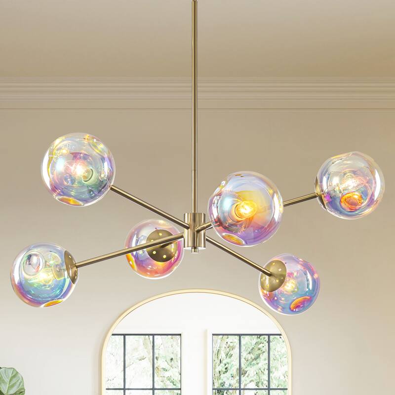 Rennnsan 6-Light Modern Brass Iridescent Rainbow Glass Sputnik Chandelier for Dining Roomm - 6 Light