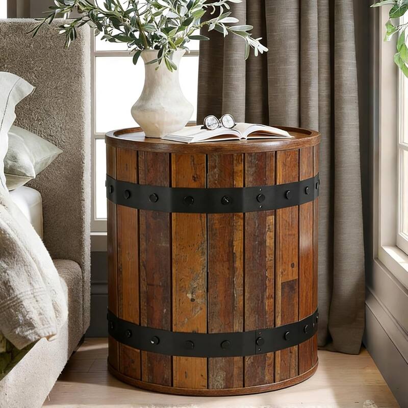Barrel End Table with Hidden Storage, 19.68" Round Side Table with Removable Lid, Sofa Side Bedside Nightstand for Living Room - RusticBrown