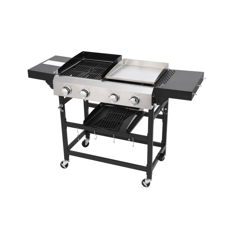 2+2 Gas Grill with Plancha 56.5 Inch Black Stainless Steel 38200 BTU Outdoor BBQ - Silver/Black