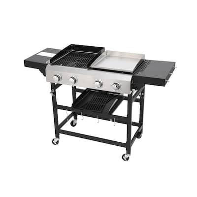 2+2 Gas Grill with Plancha 56.5 Inch Black Stainless Steel 38200 BTU Outdoor BBQ
