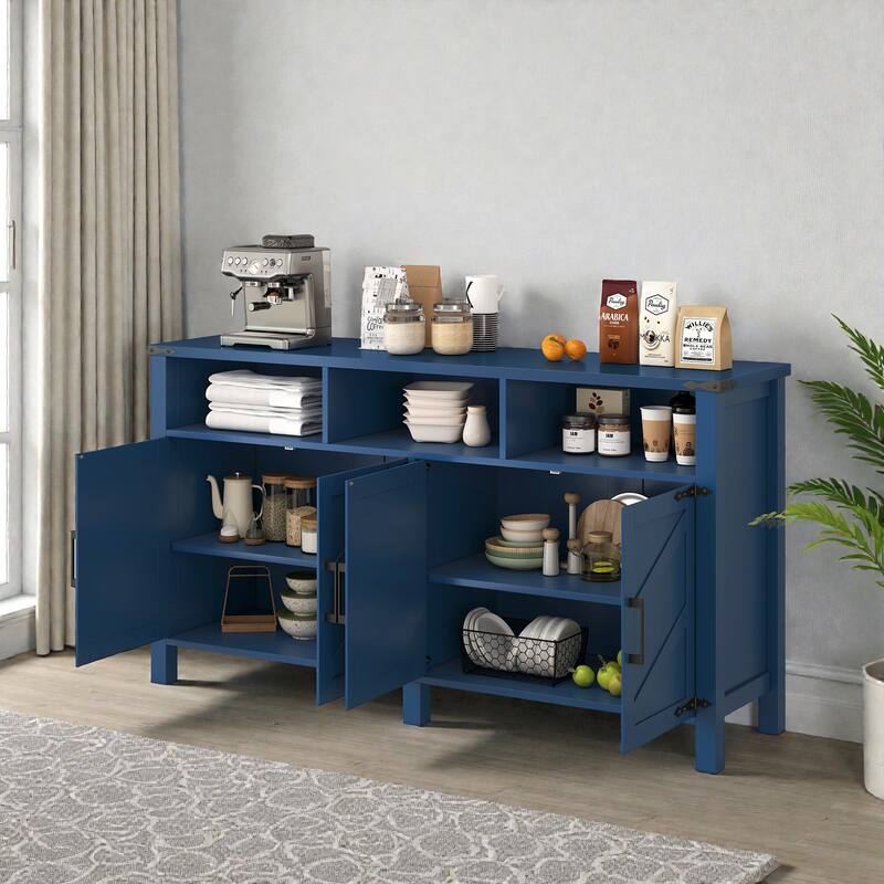 59" Modern 4-Door Sideboard with Power Outlets, USB Ports, Adjustable Shelves & Half-Open Storage Cabinet